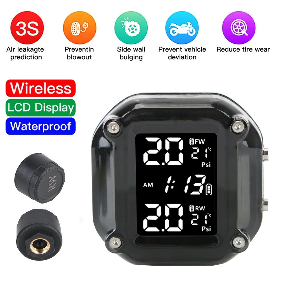 Tyre Temperature Motor Tire Pressure Monitoring Alarm System With 2 External Sensors Motorcycle TPMS LCD Display