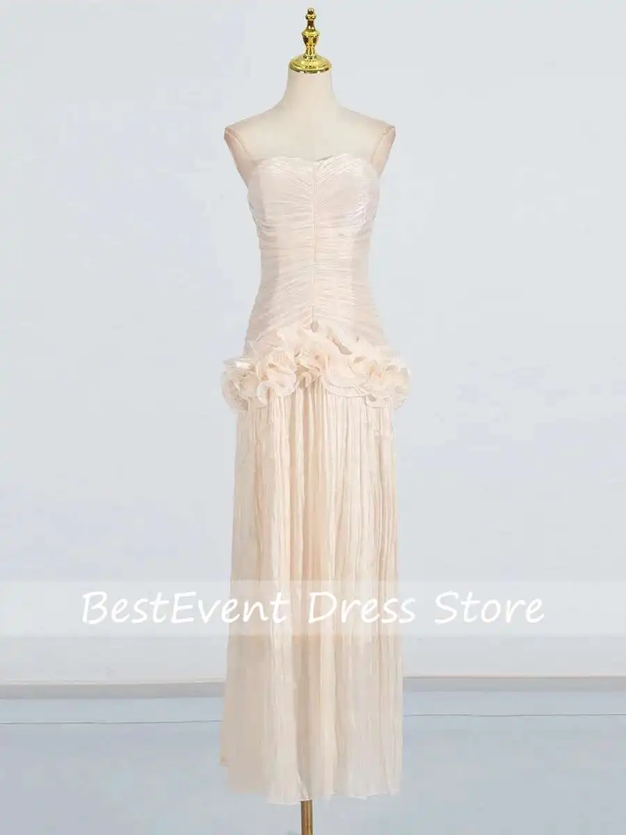 Patchwork Ruffle Slim Dress For Women Strapless High Waist Ruched Midi Elegant Dresses Female Fashion Customized