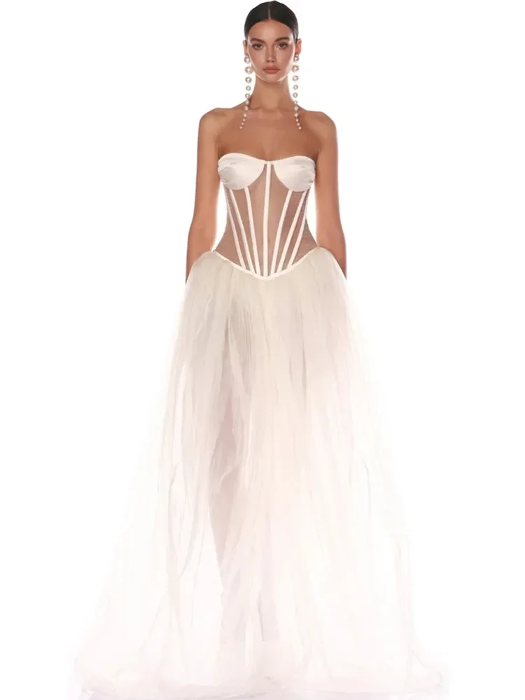 Women White Party Dress Elegant Mesh Strapless Bustier Corset Ball Gowns Wedding Birthday Celebrity Evening Dresses High Quality