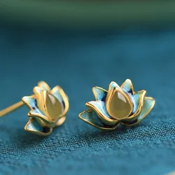 Natural Hotan Jade Green Lotus flower earings stud Vintage Fresh Cloisonne earrings for women Creative fine Jewelry Gift