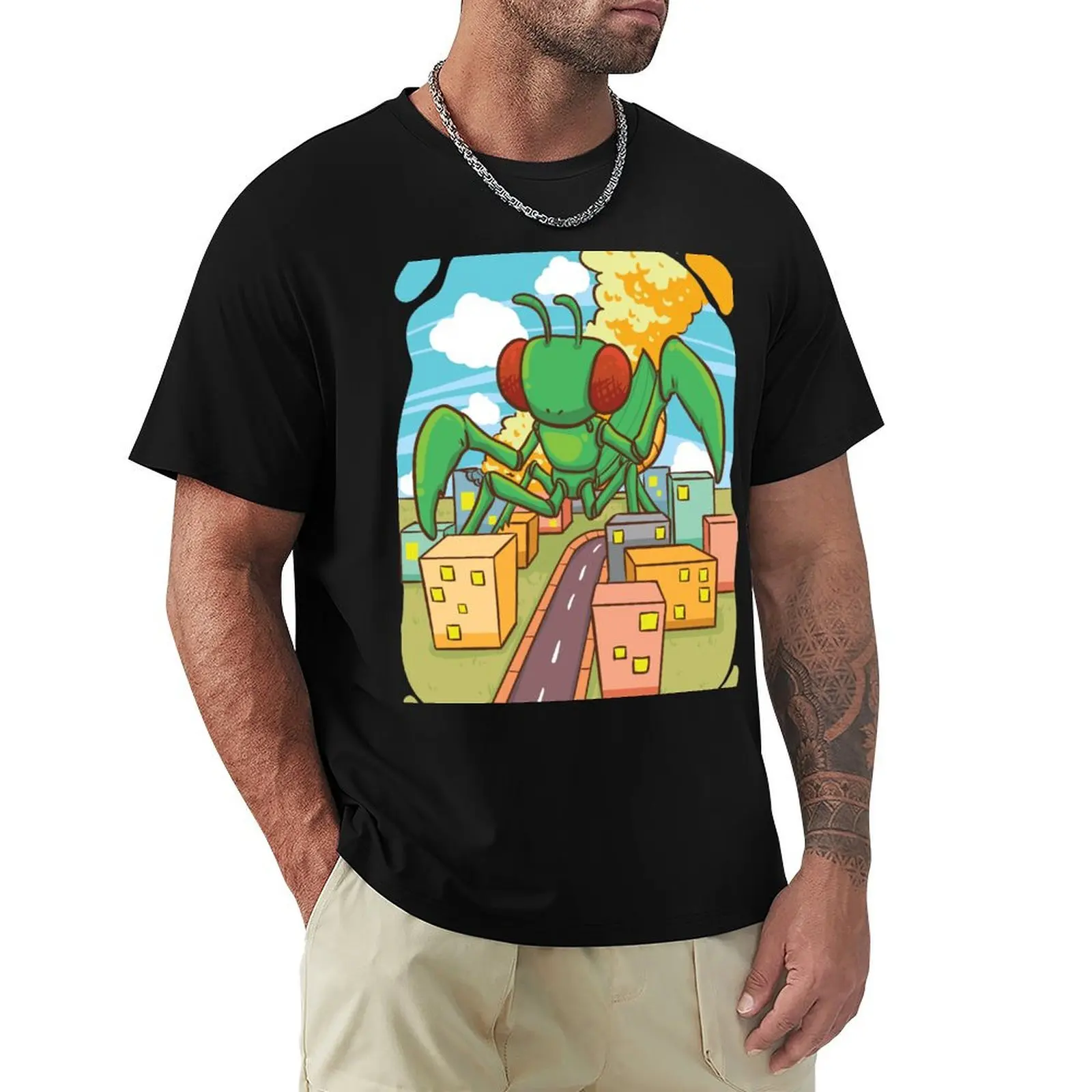 Giant praying mantis discovers a new city T-Shirt customs luxury designer mens white t shirts