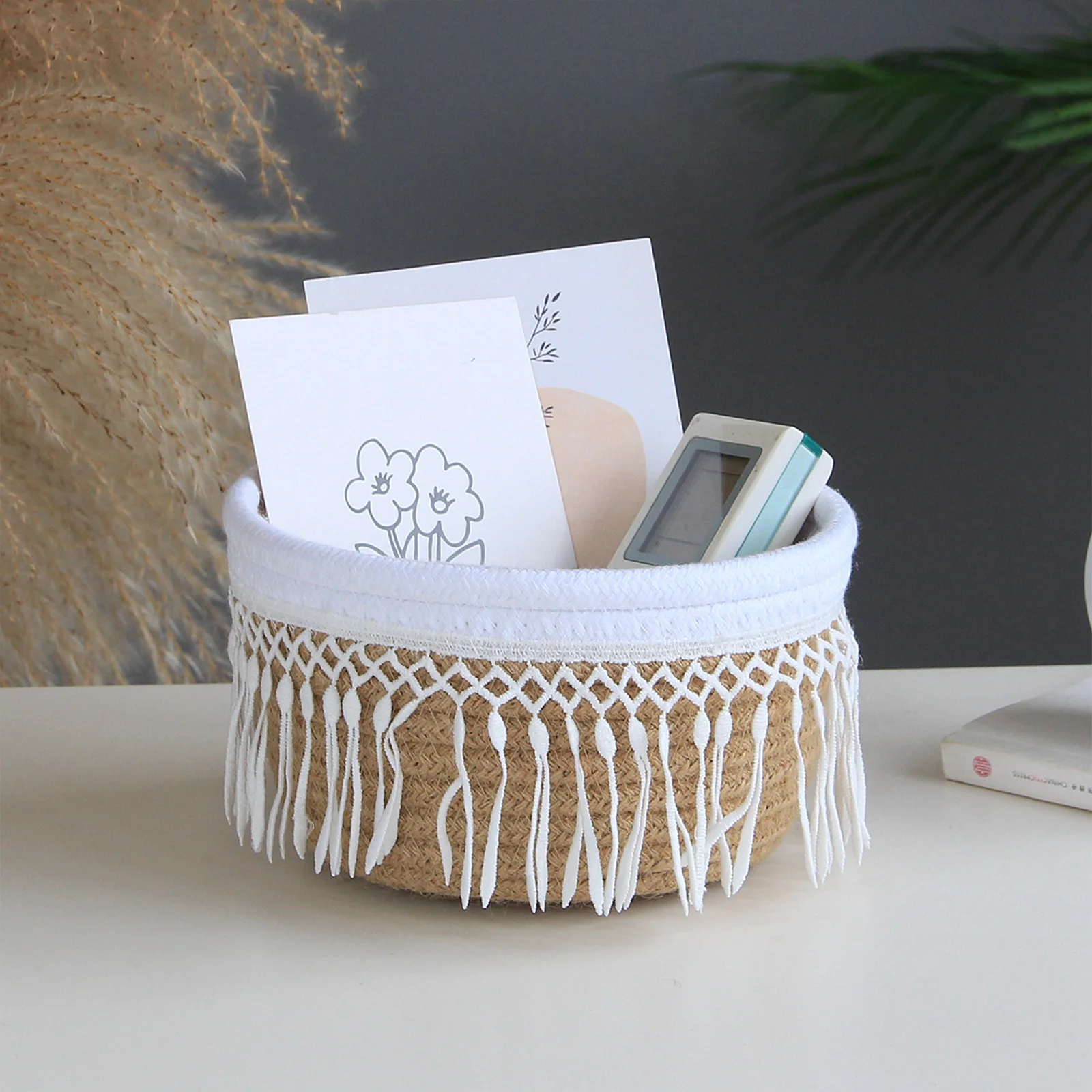 Storage Box Debris Basket Jute + Cotton Rope Household Products Tassel Cosmetic White Home Organization