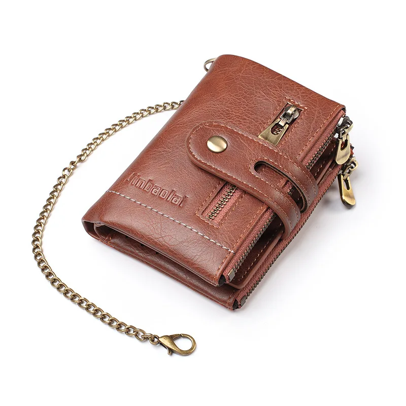 Vintage Genuine Leather Wallet For Men Fashion Chain Coin Purse Male Multiple Card Holders Double Zipper Money Wallet