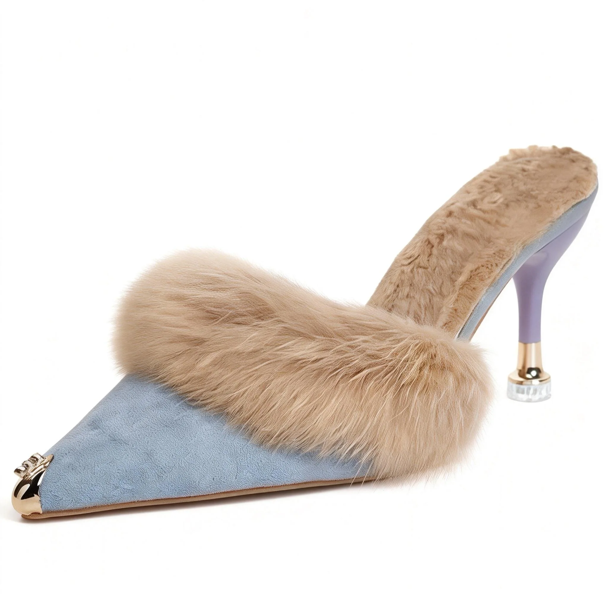 حذاء بكعب عالٍ من القطيفة بتصميم Bloomsteps، حذاء بكعب مدبب باللون الأزرق الفاتح مع زخارف معدنية، حذاء شتوي أنيق من القطيفة