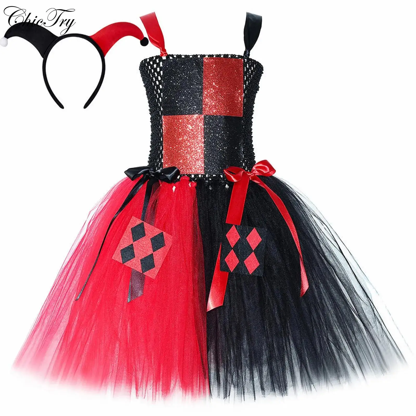 Kids Girls Clown Costume Halloween Cosplay Party Dress 6Pcs Set With Hollow Out Puffy Dress Hair Hoop Eyes Mask And Socks Suit