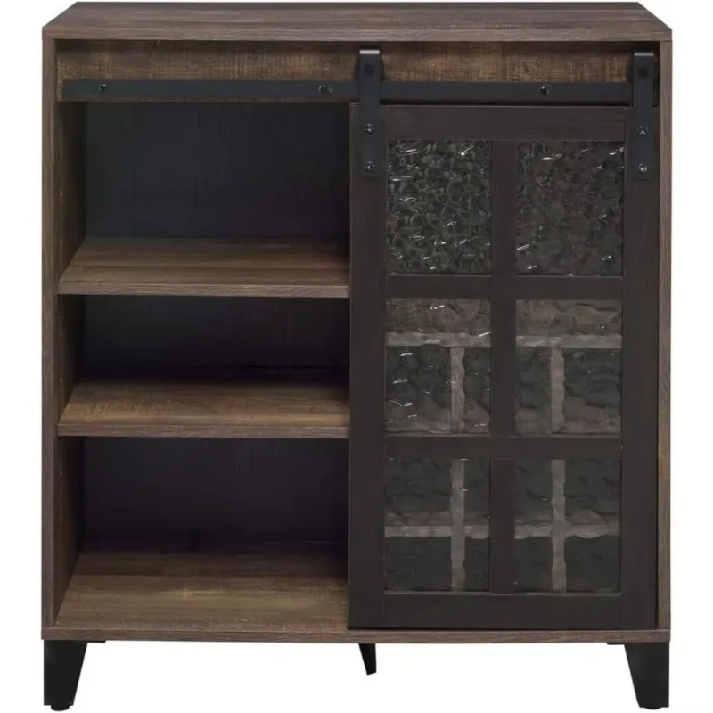 Ndustrial Bar Cabinet with Blurred Glass Sliding Barn Doors, Wine and Tall Glass Holders, Accent Buffet Sideboard Kitchen Table