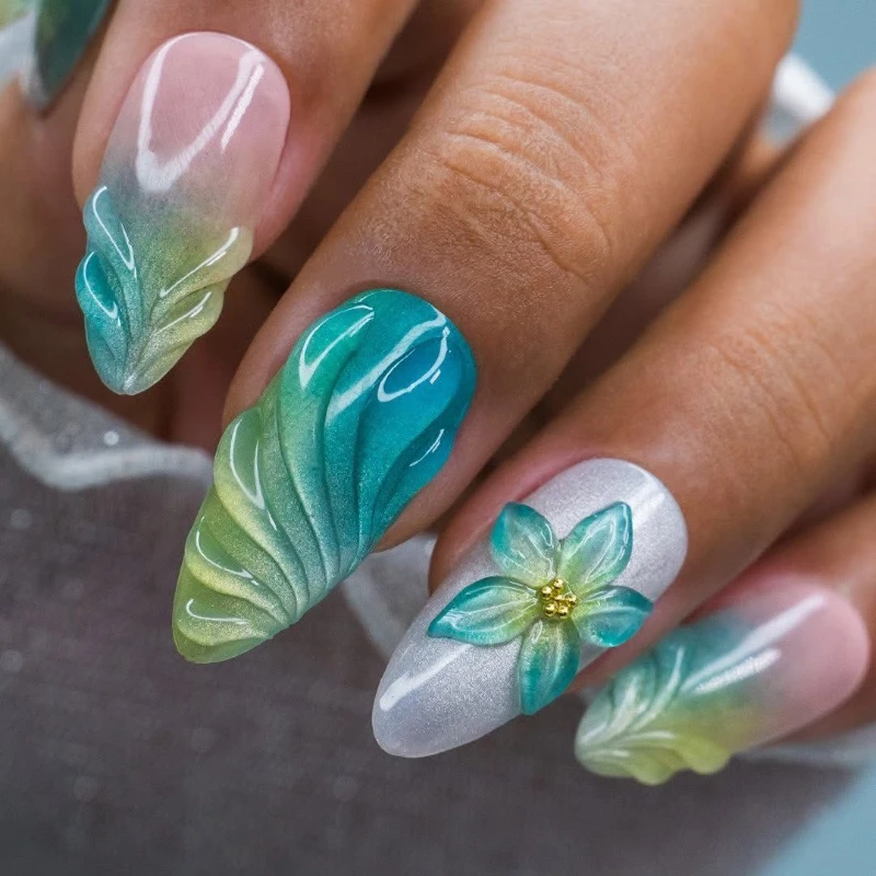 

24PCS Almond Press on Nails 3D Flowers Gradient Water Ripple False Nails Pure Desire Sweet Removable Acrylic Fake Nails 수제 네일팁