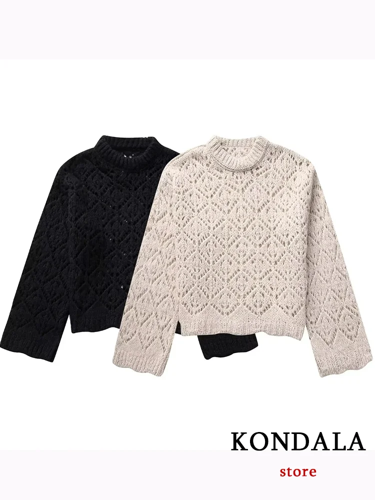 KONDALA Sweater wanita kasual Vintage, atasan Sweater rajutan lengan panjang Solid, pullover Hollow Out musim gugur 2023