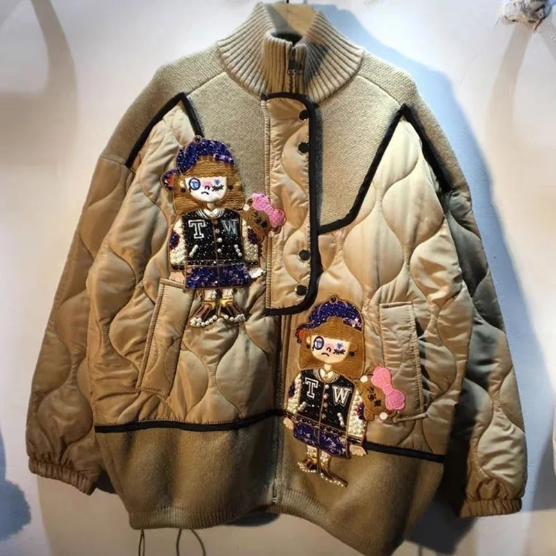 秋冬新作重工業ダイヤモンド刺繍糸スプライシングクリップコットンスタンドカラージャケット（レディース）