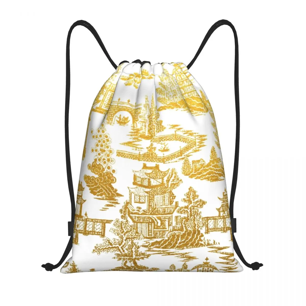 

Golden Pagoda Chinoiserie Drawstring Bag Portable Sports Gym Sackpack Vintage Oriental Willow Pattern Training Storage Backpacks