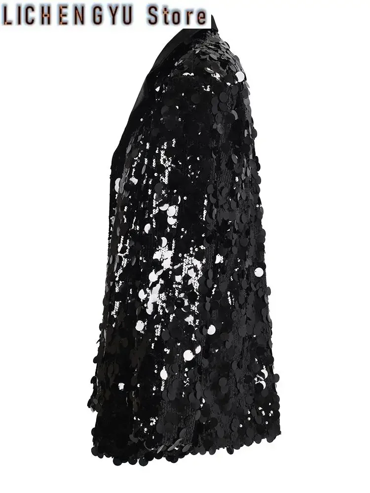 Black Sequins Shining Big Size Casual Jacket Lapel Long Sleeve Women Coat Fashion Tide Spring Autumn