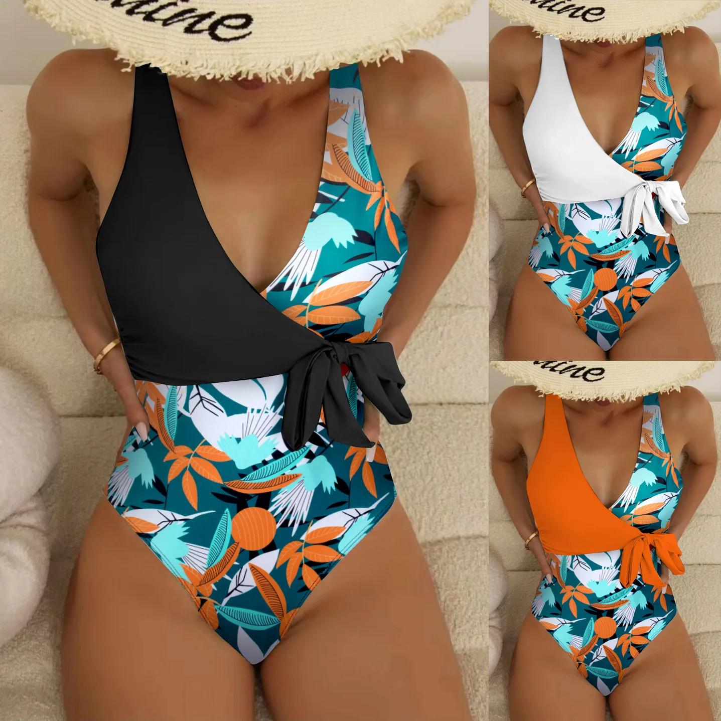 

2025 New European and American Women's One-piece Swimsuit Color Matching Swimsuit Sexy Cross Vacation Swimsuit