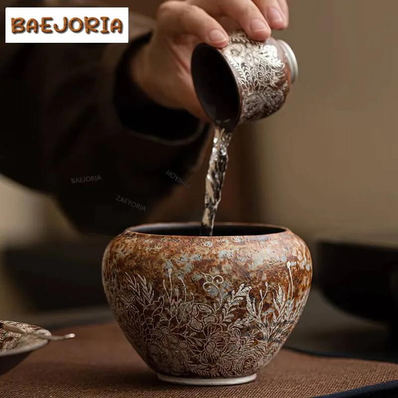 450ml Aesthetic Old Rock Mud Jianshui Gilding Silver Flowers Tea Wash Bowl Writing-brush Washer Chaxi Accessories Decoration