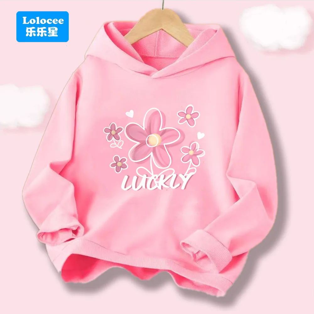 

2025 Spring Autumn New Arrival Girls' Fashion Hoodie Pink Lucky Flower Printed Sweatshirts Daily Casual Sporty Pullover HHY1