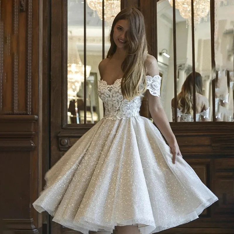 Robe de mariée courte à paillettes, épaules dénudées, corsage en dentelle, en Tulle scintillant, robe d'invitées de mariage personnalisable
