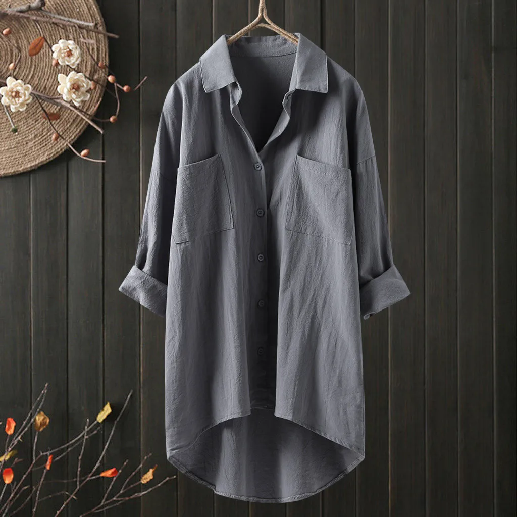 Spring And Autumn Shirt Women\'s Casual Style Shirt Cotton And Linen Cardigan Double Pocket Long Sleeved Top Women\'s Clothing