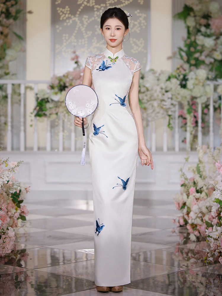 

Ele Long Chinese Sle с вышитыми бабочками для выступлений, смесь полиэстера и спандекса с высоким разрезом, ор...