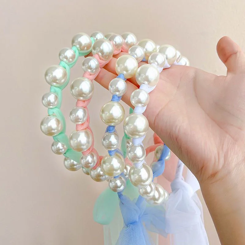 귀여운 어린이 진주 리본 머리 고리 한국어 달콤한 메쉬 활 공주 소녀 모자를 쓰고 있죠 키즈 Hairbands 요정 헤어 액세서리