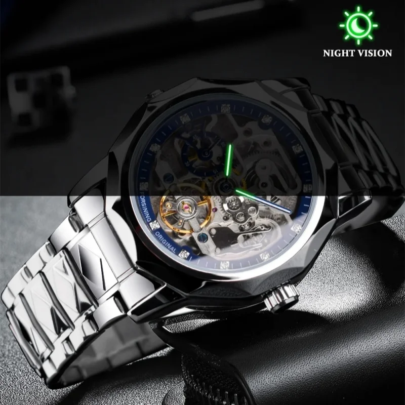 Forsining 199A Men\'s Luxury Design Skeleton Stainless Silver Steel Wrist Watch Clock Automatic Mechanical Male Watches Gift