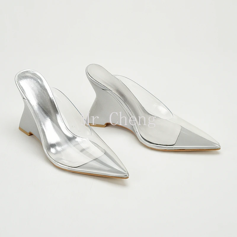 Transparent TPU Pointed Toe Ankle Strap Stiletto Heels for Women Fashion Sexy Summer Sliver Wedge Sandals Size 36-41