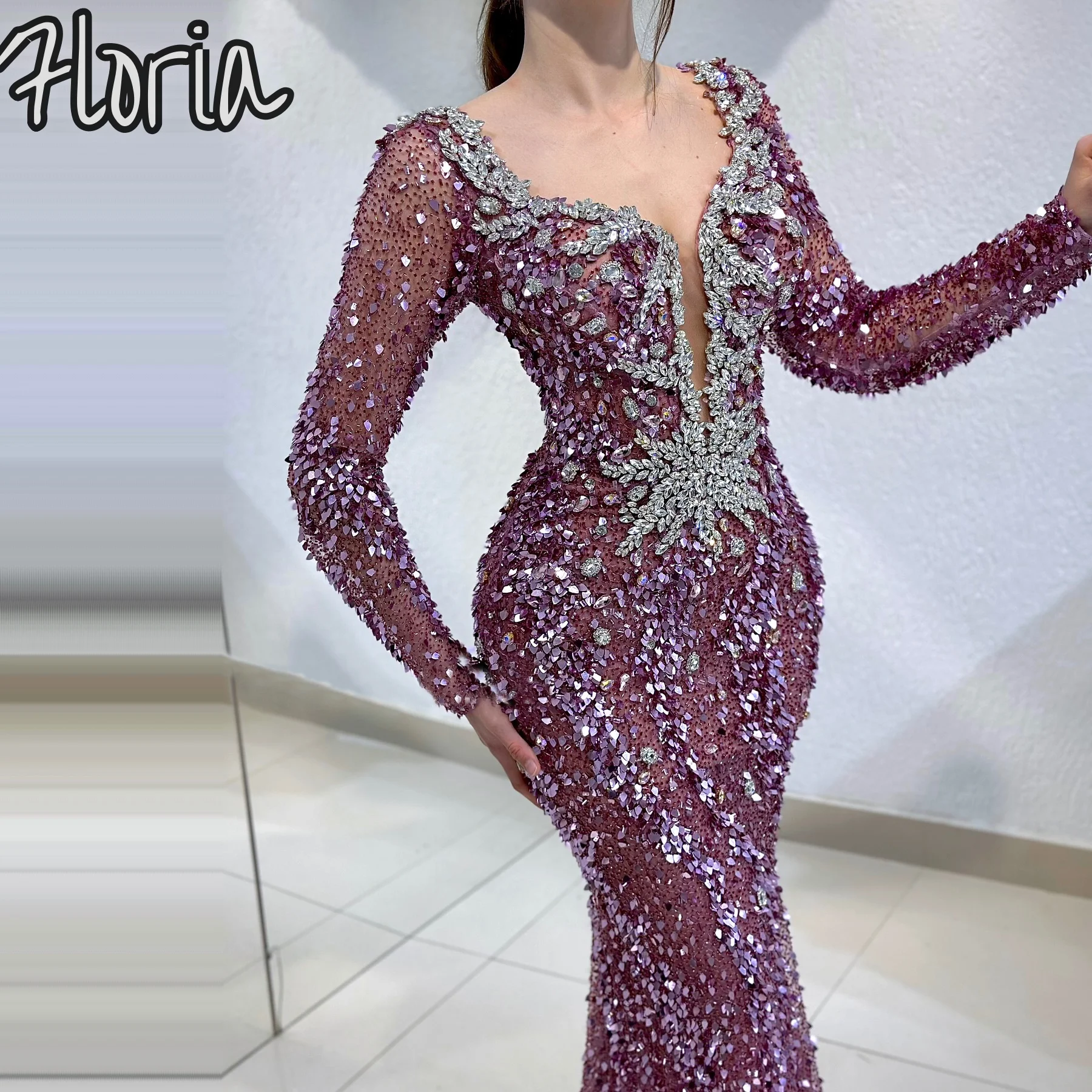 Chic สีม่วง Sequins ชุดราตรี Robes De Soiree แอฟริกันดูไบประดับด้วยลูกปัดแขนยาว Gowns งานแต่งงานที่กําหนดเองหมั้น