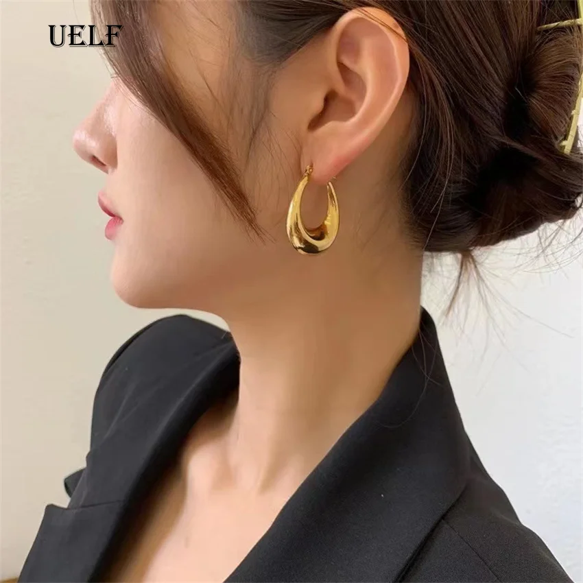 UELF Minimalist Stainless Steel Hoop Earrrings for Women Gold Color Metal Circle Earrings Vintage Girls Party Jewelry Gifts