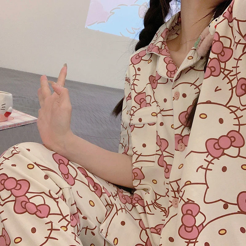 Sanrio-Conjunto de pijama de Hello Kitty para mujer, ropa de dormir de manga corta y pantalones largos con dibujos animados Kawaii, traje de casa de