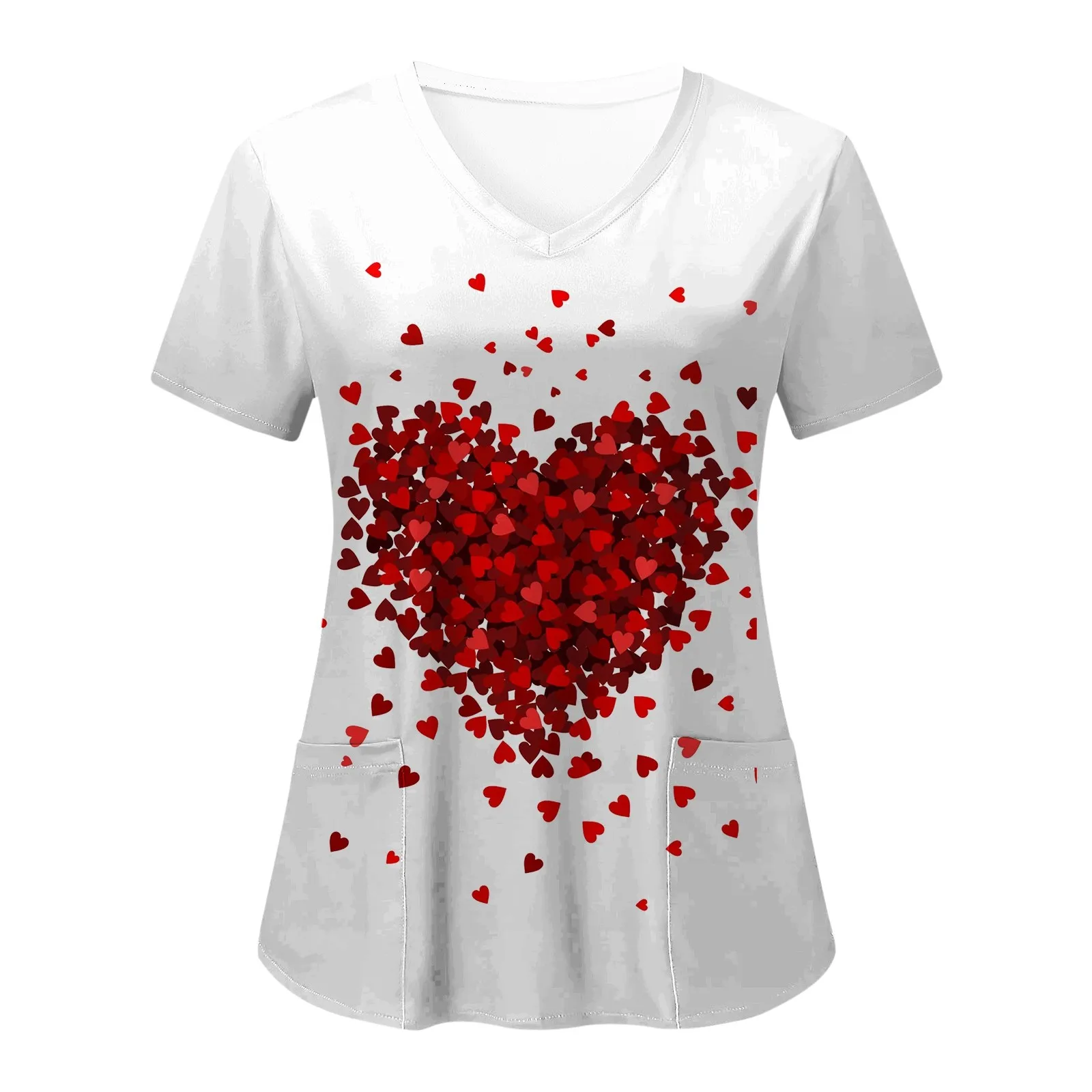 Valentines Day Nurse Uniform Women Short Sleeve Heart Print Nurse Working Tops Workwear Ladies Medical Nursing Uniforms Overalls