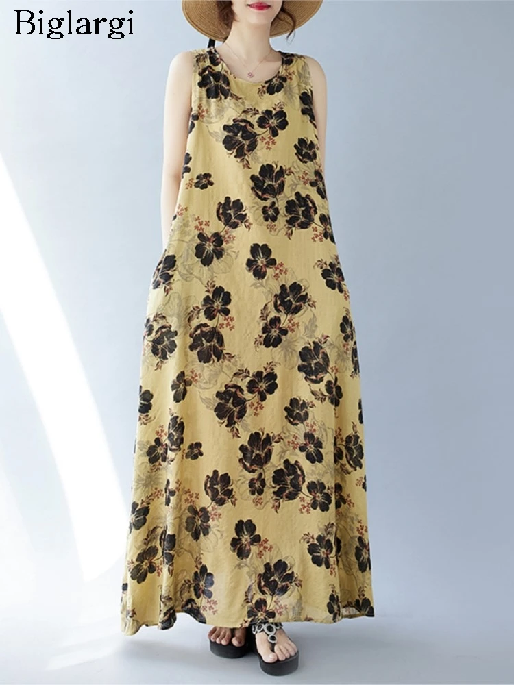 O넥 민소매 여성 루즈한 탱크 드레스, 우아한 꽃 프린트 레이스 스티칭, 여름