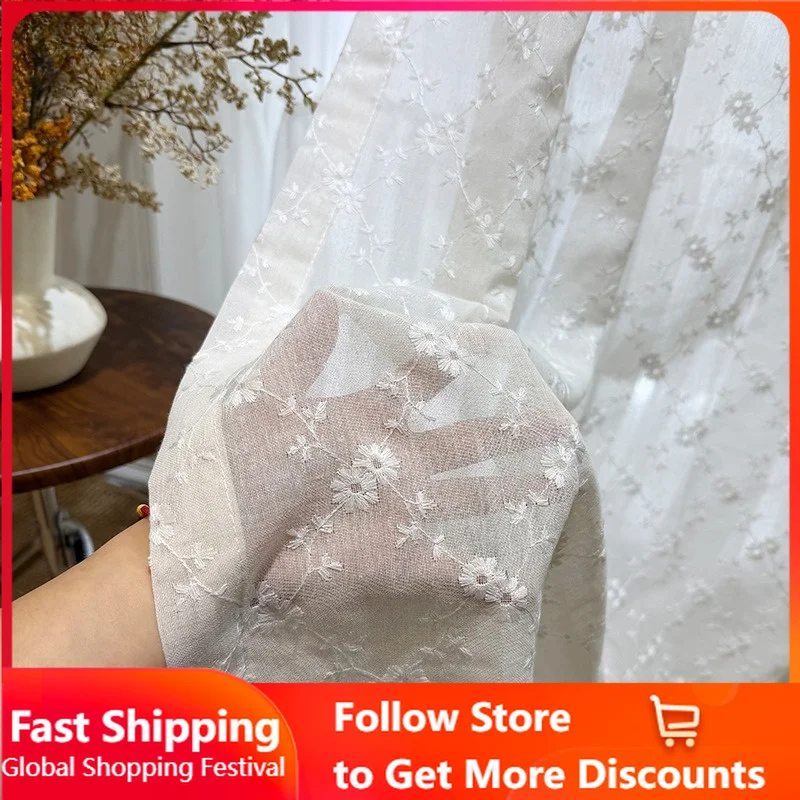 American Pastoral Style Embroidered Chamomile Embroidered Window Screen Living Room Bedroom Balcony Cream Wind Gauze Curtain