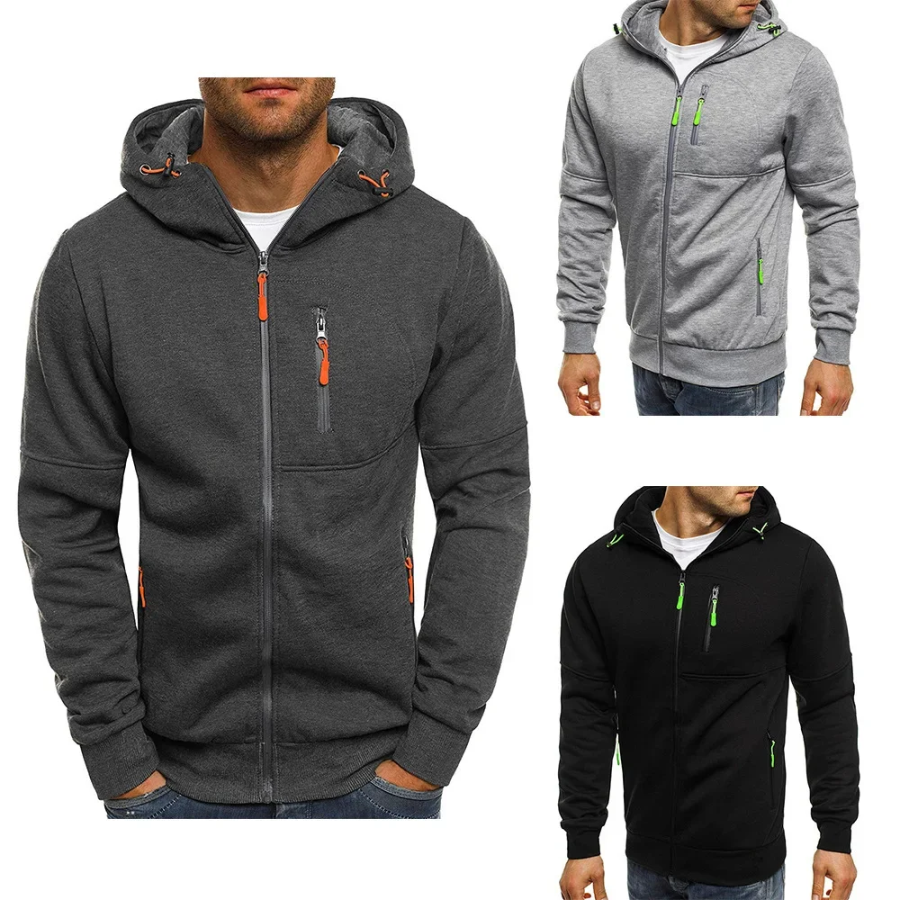 Sudadera con capucha con cremallera y múltiples bolsillos para hombre, ropa deportiva para correr y ocio, abrigo con cremallera, otoño e invierno, novedad