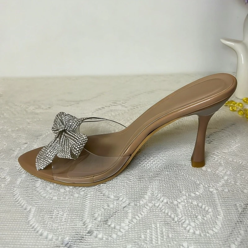 Clear PVC Rhinestone Bow Heels Women Pointed Toe Slingback High Heels Glitter Party Wedding Shoes Fashionable Mules view 5