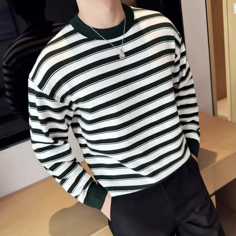 

Autumn Winter Loose Thick Sweater Men Round Neck Striped Pullovers Casual Business Versatile Knitted Sweater Men's Clothing
