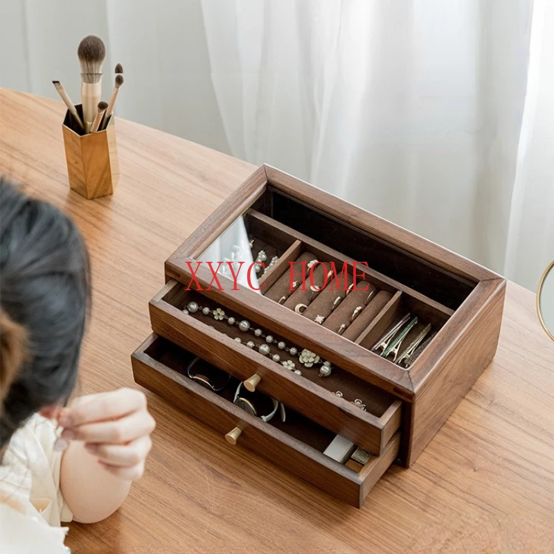 high-grade Earrings Necklace storage box wooden drawer black walnut jewelry box