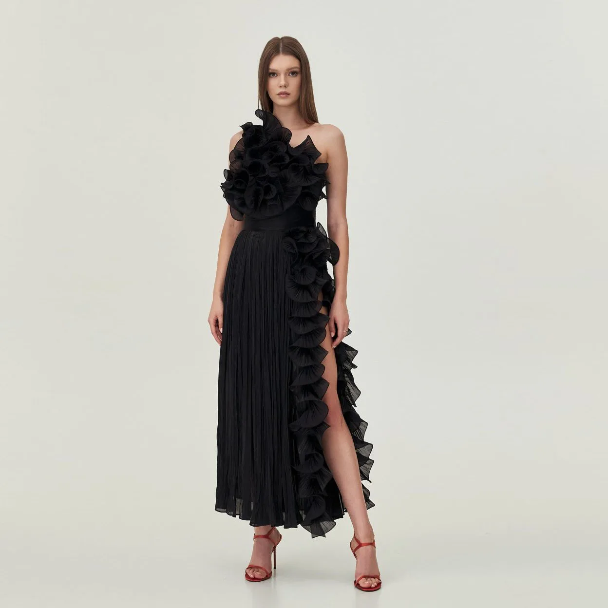 

High End Black Formal Dress Split Pleated Chiffon Women Dresses With Ruffles Trimmed Details One ShoulderMid Calf Gala Dress