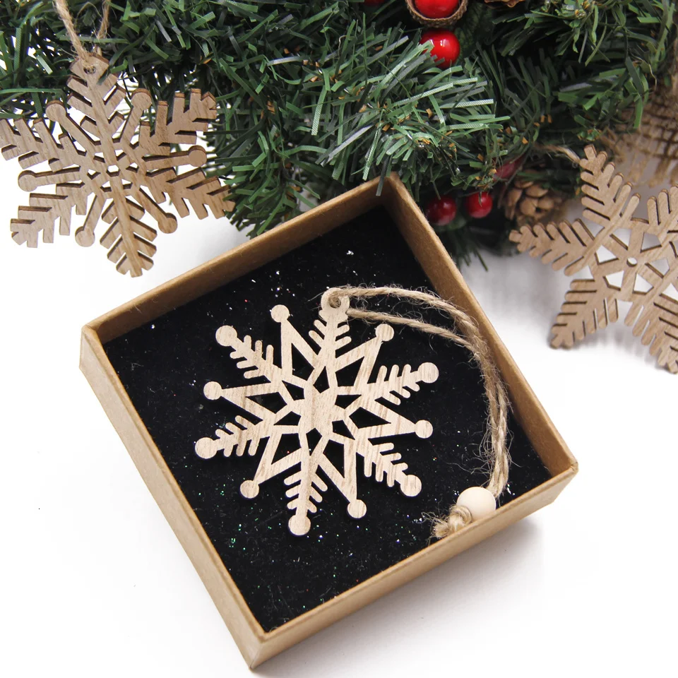 6PCS/Lot Christmas Wooden Pendants Multi Snowflakes Hanging Ornaments Wood Craft Christmas Tree Decorations DIY Painting Gifts