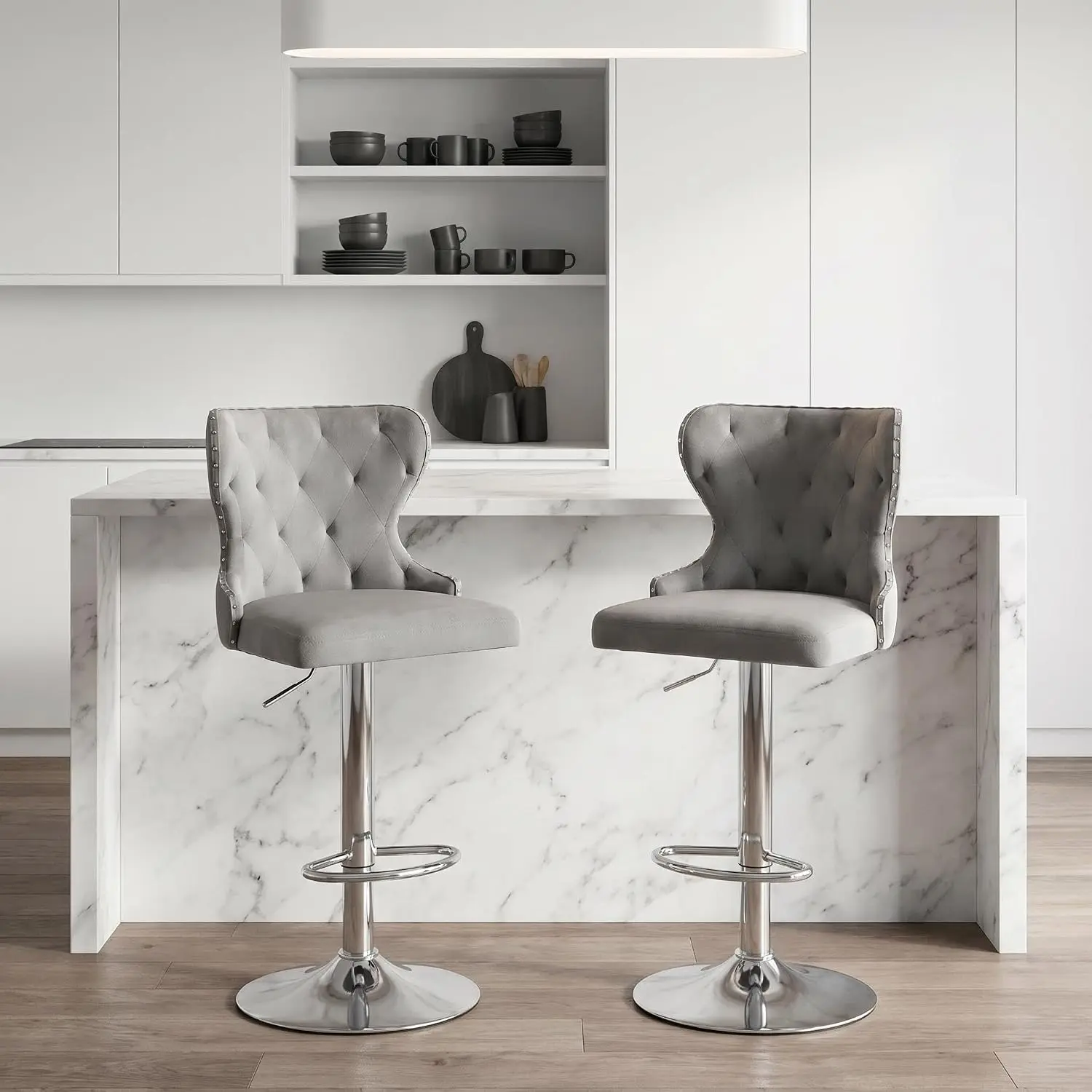 Velvet Bar Stools Set 2, Swivel Counter Height With Nailhead Trim & Silver Footrest, High Back For Kitchen & Bar, Customized
