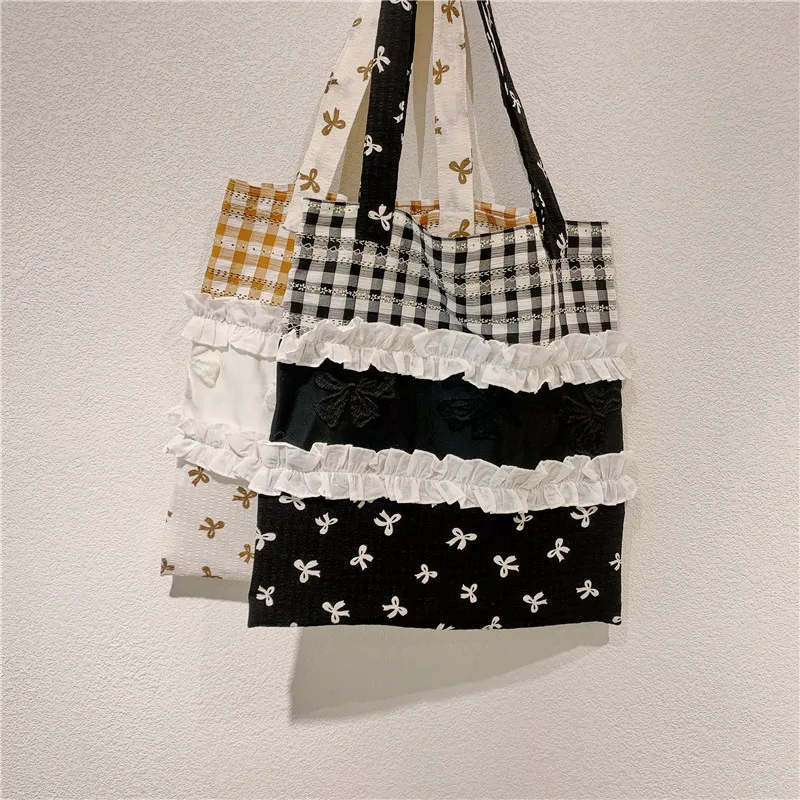 Gingham Patchwork Shopping Bag for Ladies, Canvas Handbag, Snack Storage, Lunch Bag, Shoulder Bag