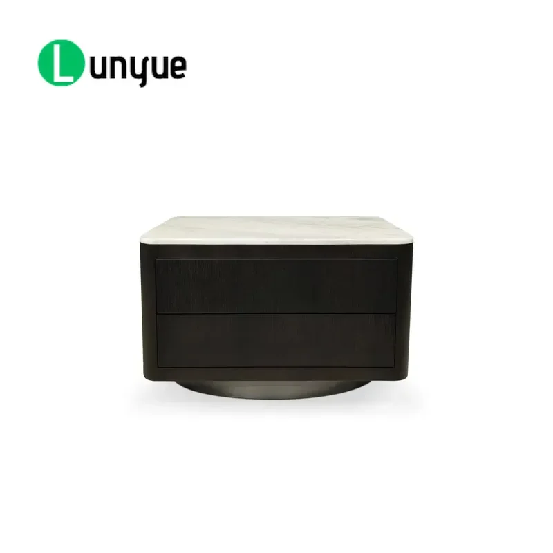 Nordic Luxury Simple Beige Marble Top 2 Drawer Bedside Table Wood Locker Nightstand for Bedroom Living Room Storage Furniture