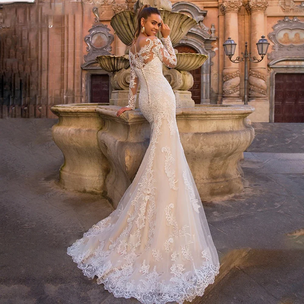 Vestido de novia de sirena de lujo, vestido de novia de tul de manga larga con cuello redondo personalizado, vestido de matrimonio de encaje desmontable 2024