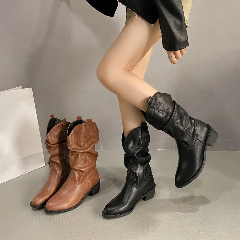 Nuovi stivali pieghettati a metà polpaccio con tacco alto per donna autunno inverno stivali Western in pelle marrone donna stivali da Cowgirl con