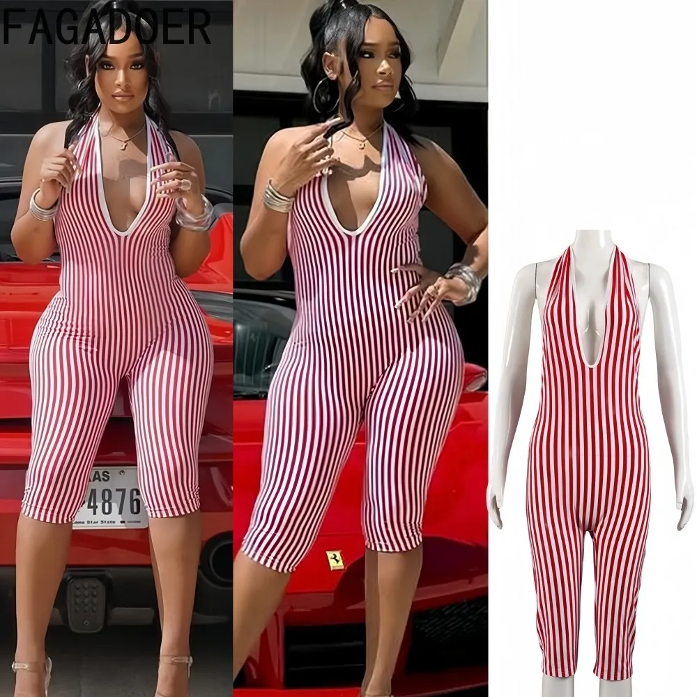 

FAGADOER Casual Striped Patchwork Bodycon Romper Women Red Halter Deep V-neck Backless Jumpsuit Female Streetwear Overalls New