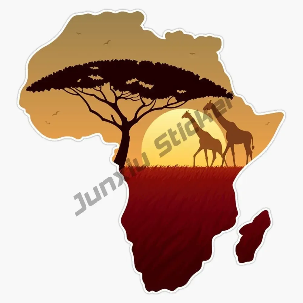 Calcomanía de vinilo con paisaje de mapa de África, pegatina de dibujos animados de animales de puesta de sol de África, calcomanía impermeable para