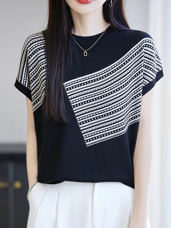 夏用ルーズフィットストライプTシャツ レディース ニット ラウンドネック ニットベースレイヤー スプライスカラー 通勤 スタイル