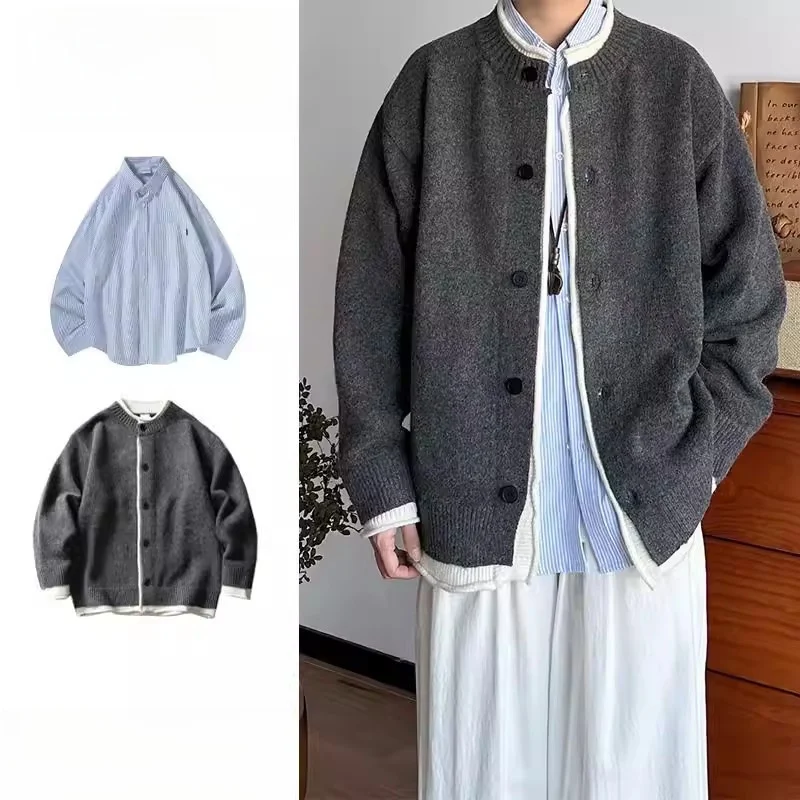 

Мужской вязаный свитер-костюм с эффектом двухслойности, длинный рукав, осенне-зимняя верхняя одежда, полиэстер, длинные брюки, дизайн с цветовыми блоками