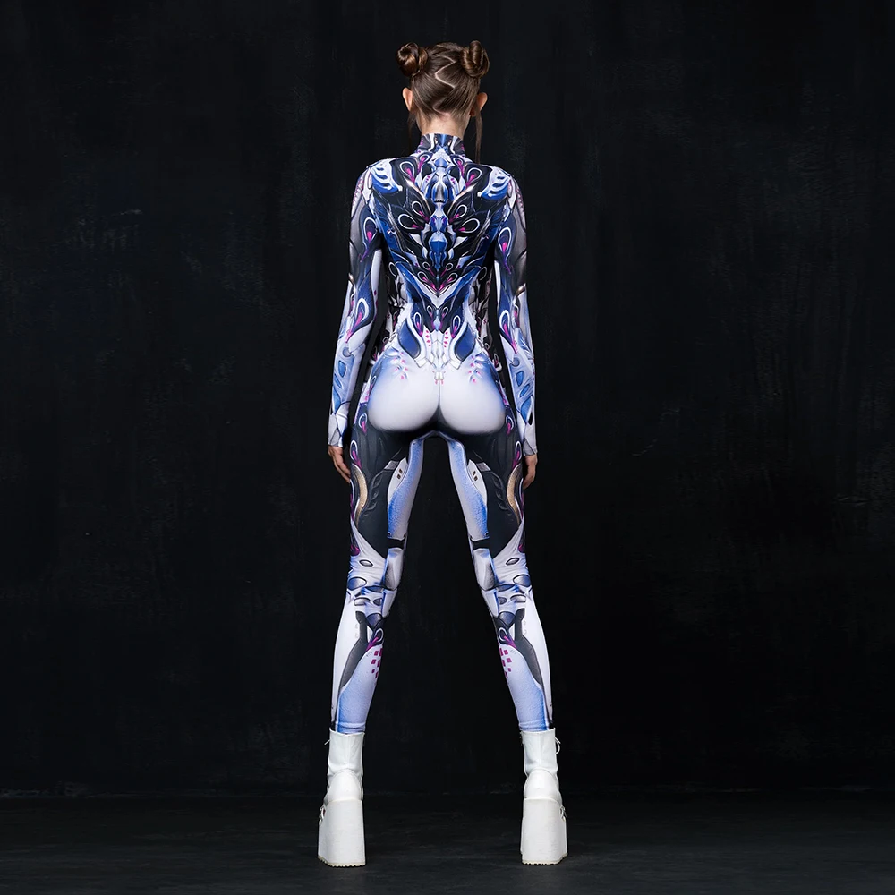 Holiday Party Woman Cosplay Costume Abstract Printing Funny Zentai Bodysuit Skintight Movie Halloween Long Sleeve Slim Jumpsuit