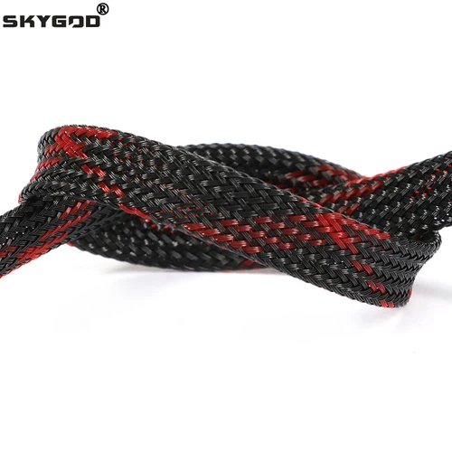Manga trenzada de PET de 1 ~ 50m, Cruz negra-roja, 2/4/6/8/10/12/14/16/20/25/30mm, funda de envoltura de Cable de piel de serpiente aislada de alta densidad