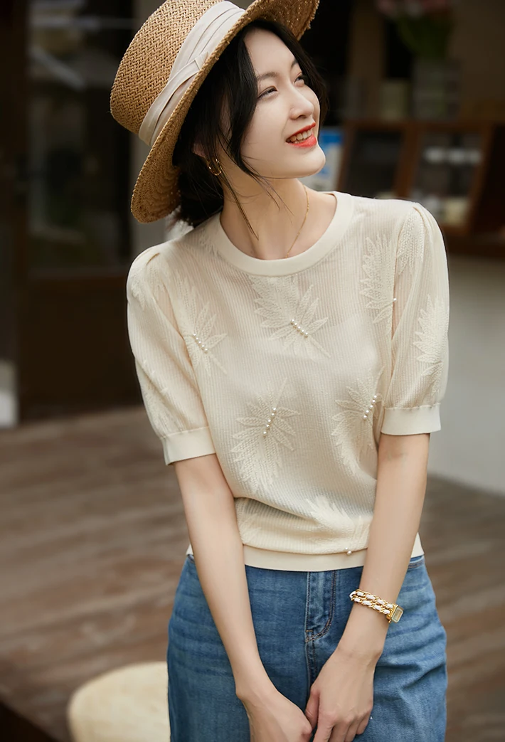 2024 Summer Peals Beading Ice Silk Knit T-shirt Women Elegant Jacquard Round Neck Short Sleeve Sweater Knitwear Tops Female Tees