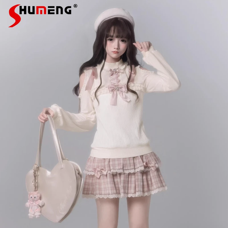 

Вязаный свитер в японском стиле, розовая клетчатая юбка с узором в виде цветов вишни, элегантный, милый, очаровательный, в стиле Лолита, с длинными рукавами, облегающий трикотажный джемпер для женщин