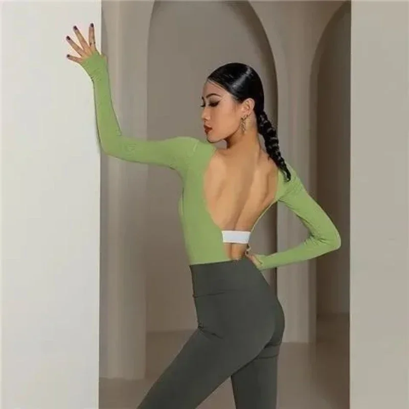 Women's Tight Dance Leotards Latin Top Jumpsuit Bare Back Long Sleeve Jazz Cha-cha Ballroom Dress Yoga Tights Dance Inside Match